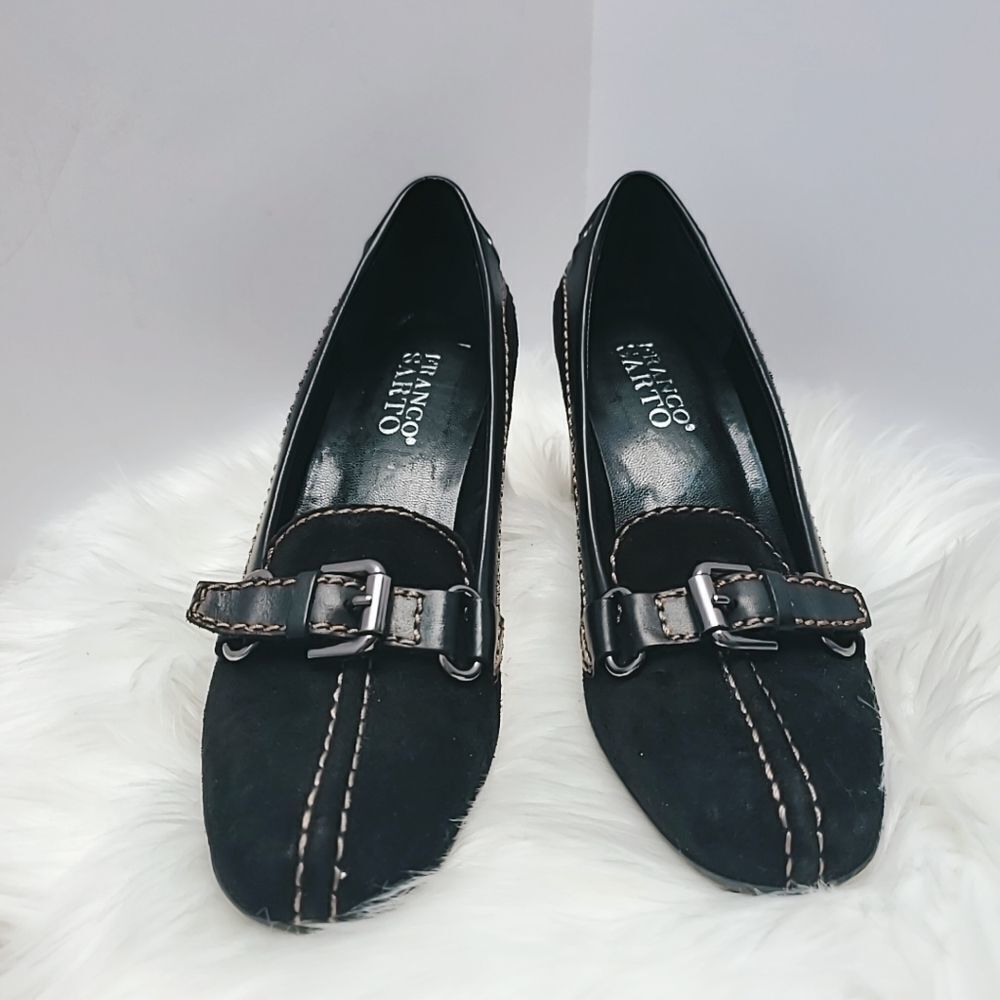 FRANCO SARTO Black Suede/Leather Almond-Toe Pump